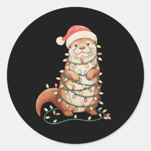 Otter Christmas Animal Xmas Lights Santa Hat Classic Round Sticker