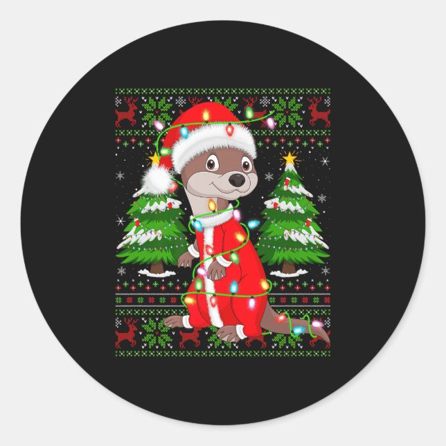 Otter Christmas Lights Santa Costume Ugly Xmas Swe Classic Round Sticker (Front)