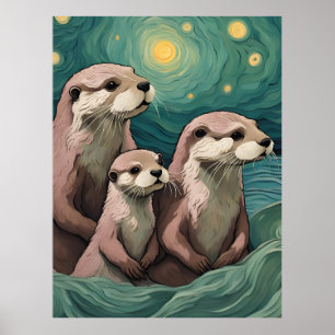 Otter Family in a Starry Night Ocean Poster