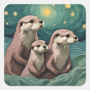 Otter Family in a Starry Night Ocean Square Sticker
