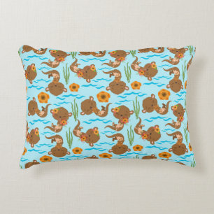 Otter Family Orange Flowers Floral Aquatic Animals Decorative Cushion