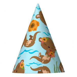 Otter Family Orange Flowers Floral Aquatic Animals Party Hat