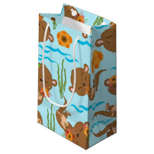 Otter Family Orange Flowers Floral Aquatic Animals Small Gift Bag