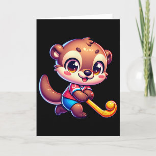 Otter Field Hockey Cartoon Player Cute Sports Masc Card