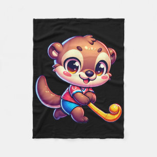 Otter Field Hockey Cartoon Player Cute Sports Masc Fleece Blanket