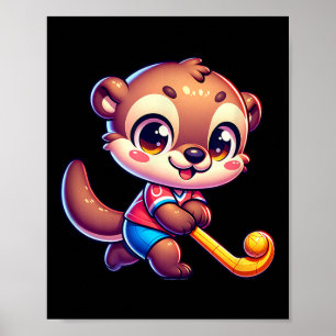 Otter Field Hockey Cartoon Player Cute Sports Masc Poster