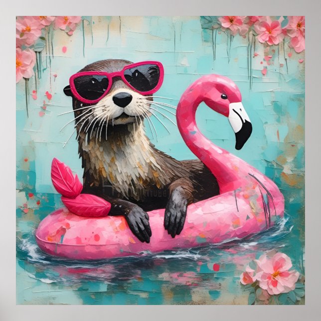 Otter Floating on a Pink Flamingo Funny Collage Poster (Front)