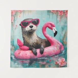 Otter Floating on a Pink Flamingo Funny Collage Tapestry