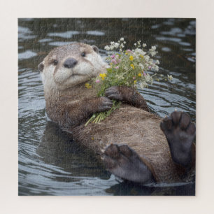 Otter Floating with Wildflower Bouquet Jigsaw Puzzle