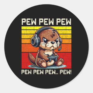 Otter Gamer Pew Funny Video Games Vintage Boys Men Classic Round Sticker