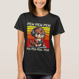 Otter Gamer Pew Funny Video Games Vintage Boys Men T-Shirt