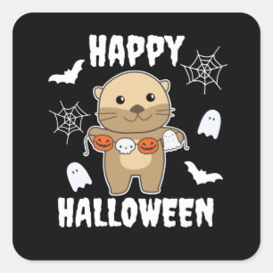 Otter Happy Halloween Pumpkin Bat Costume Square Sticker