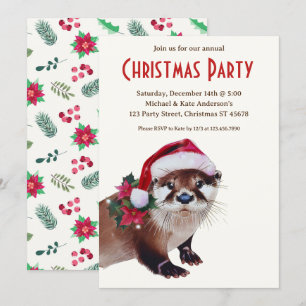 Otter in a Santa Hat Poinsettias Christmas Party Invitation