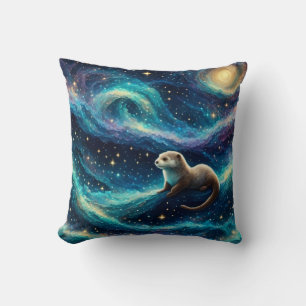 Otter in a Starry Night Ocean Cushion