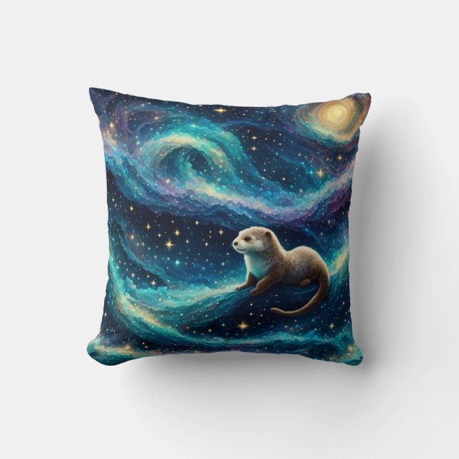 Otter in a Starry Night Ocean Cushion (Front)