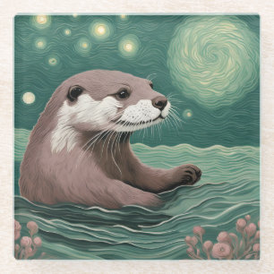 Otter in a Starry Night Ocean Sage and Rose Color Glass Coaster