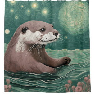 Otter in a Starry Night Ocean Sage and Rose Color Shower Curtain
