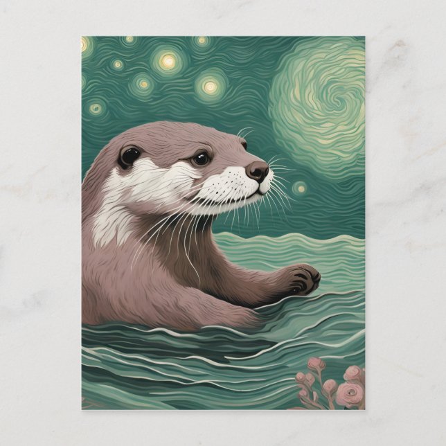 Otter in a Starry Night Ocean Sage and Rose Colour Postcard (Front)
