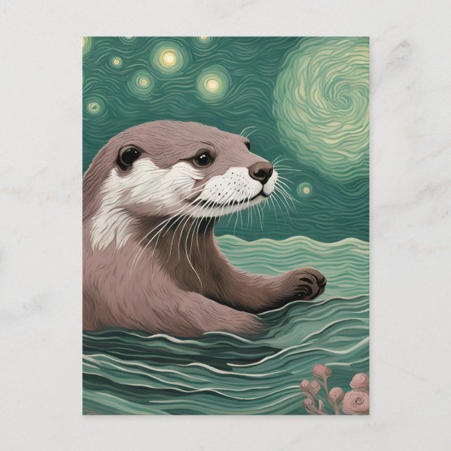 Otter in a Starry Night Ocean Sage and Rose Postcard (Front)