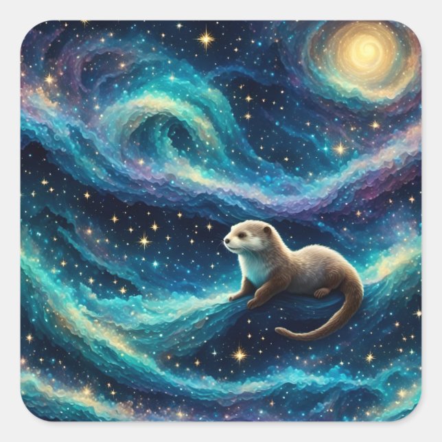 Otter in a Starry Night Ocean Square Sticker (Front)