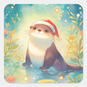 Otter in Santa Hat in Pond with Flowers and Bokeh Square Sticker