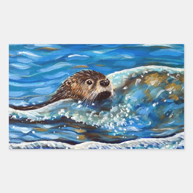 Otter in the Sea Painting Rectangular Sticker (Front)
