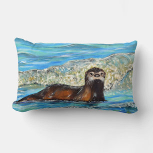 Otter in the Waves 2 Painting Lumbar Cushion
