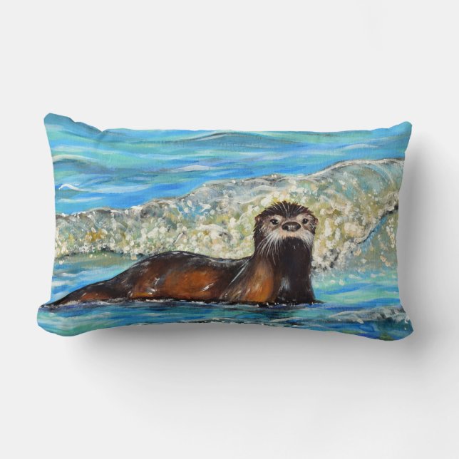 Otter in the Waves 2 Painting Lumbar Cushion (Front)