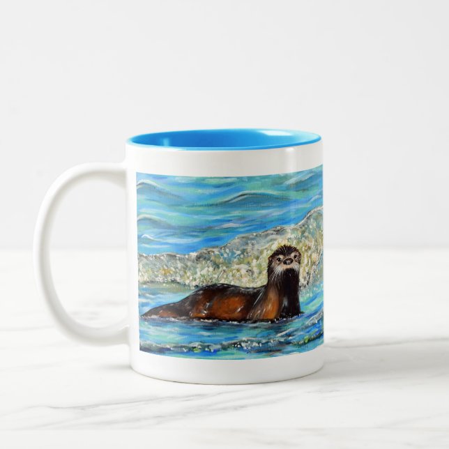 Otter in the Waves 2 Painting Two-Tone Coffee Mug (Left)