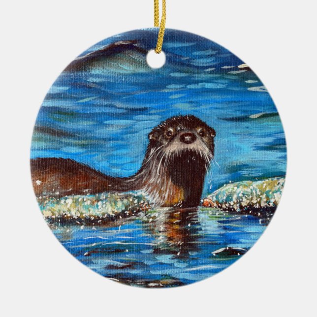 Otter in the Waves Painting Ceramic Ornament (Front)