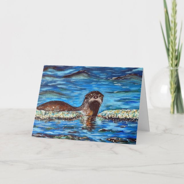 Otter in the Waves Painting Greeting Card (Front)