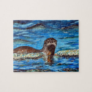 Otter in the Waves Painting Postcard Jigsaw Puzzle
