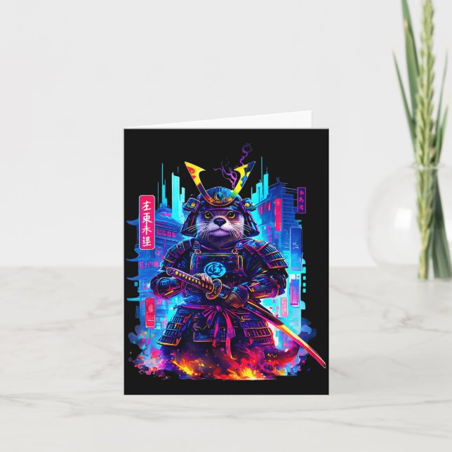 Otter Katana Cyberpunk Neon Samurai Japanese Art  Card (Front)