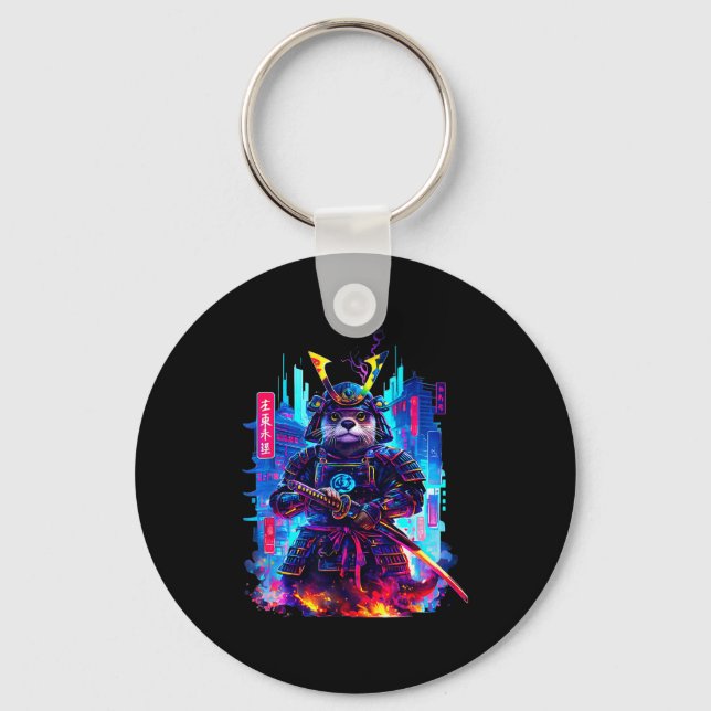 Otter Katana Cyberpunk Neon Samurai Japanese Art  Key Ring (Front)