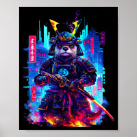 Otter Katana Cyberpunk Neon Samurai Japanese Art 