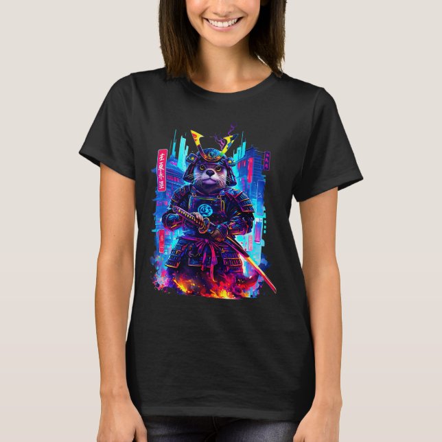 Otter Katana Cyberpunk Neon Samurai Japanese Art  T-Shirt (Front)