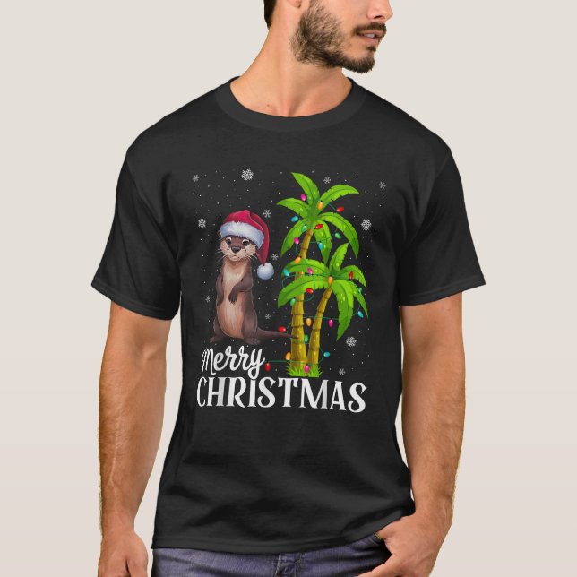 Otter Lovers Men Women Christmas Tree Lights Beach T-Shirt (Front)