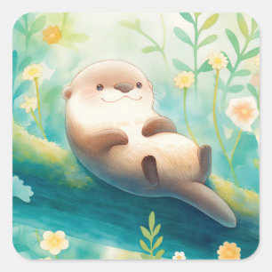 Otter Lying on Log in Spring Green Meadow Square Sticker