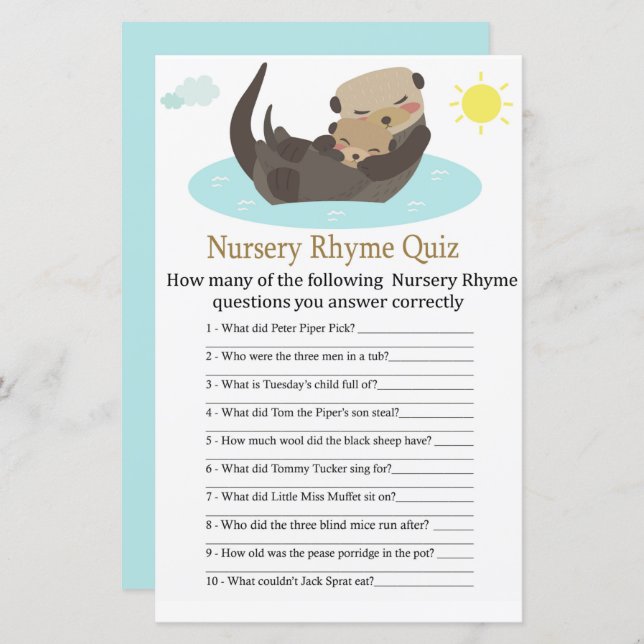 Otter Nursery Rhyme Quiz baby shower game (Front/Back)