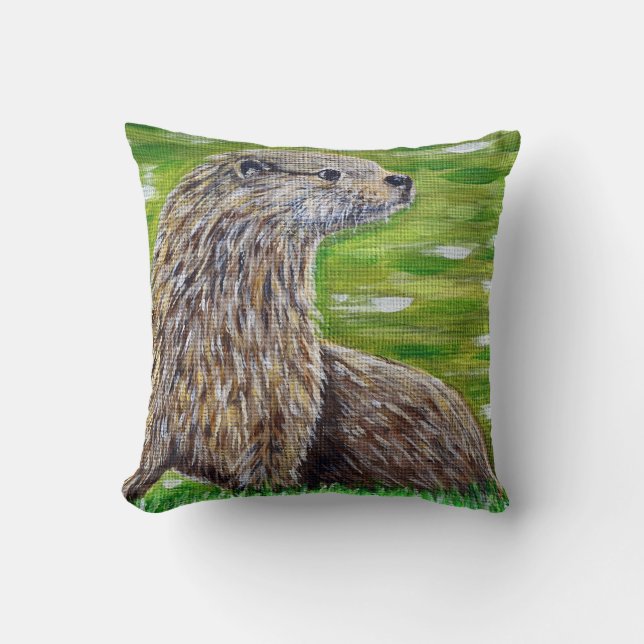 Otter on a River Bank Painting Cushion (Front)