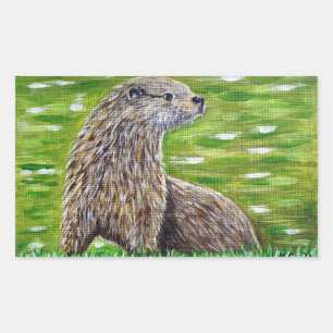 Otter on a River Bank Painting Rectangular Sticker