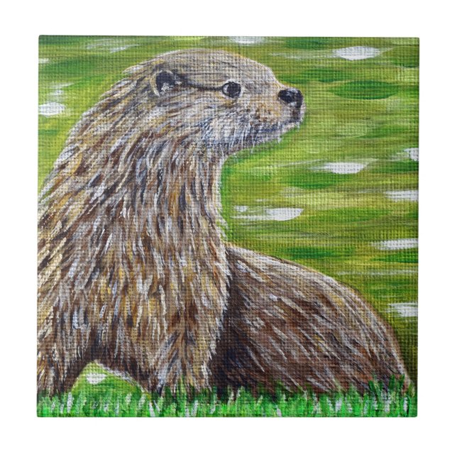 Otter on a River Bank Painting Tile (Front)