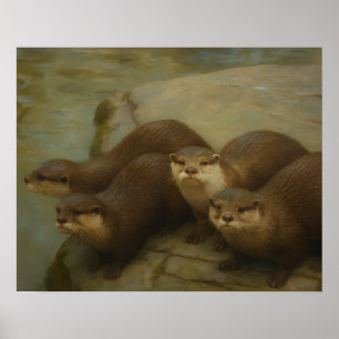 Otter Quartet – Playful Wildlife Art Print