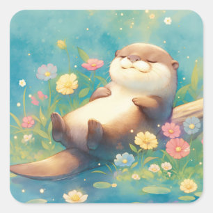 Otter Relaxing on Log with Colourful Flowers Square Sticker
