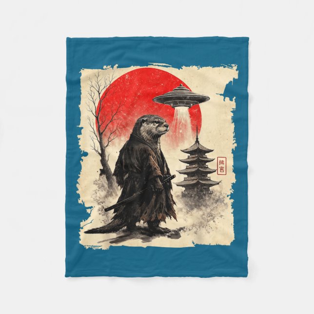 Otter Samurai Retro Ufo Japanese Warrior Art Graph Fleece Blanket (Front)