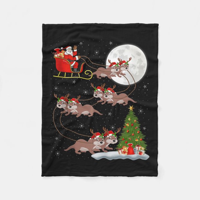 Otter Santa Sleigh Flying Funny Magical Christmas  Fleece Blanket (Front)