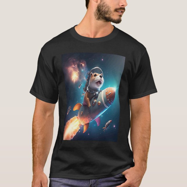 Otter Space Puns Space Otter Riding A Rocket T-Shirt (Front)
