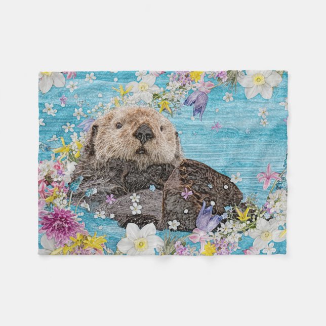 Otter Swimming in Flowers Fleece Blanket (Front (Horizontal))