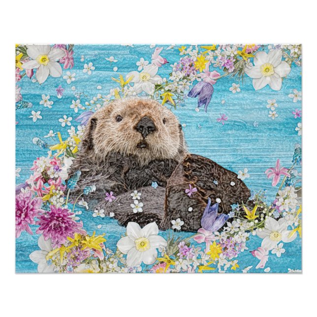 Otter Swimming in Flowers Photo Print (Front)