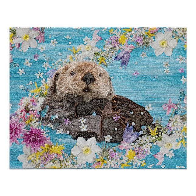 Otter Swimming in Flowers Poster (Front)
